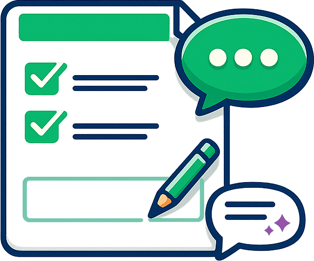 Illustration of a checklist document with two ticked items and a pencil, beside two chat speech bubbles