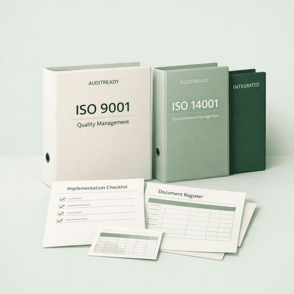 Three AuditReady binders for ISO 9001, ISO 14001 and the Integrated pack, shown alongside sample implementation checklist and document register pages.