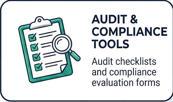 Green clipboard holding a ticked checklist, with a magnifying glass, captioned: Audit & Compliance Tools — audit checklists and compliance evaluation forms.