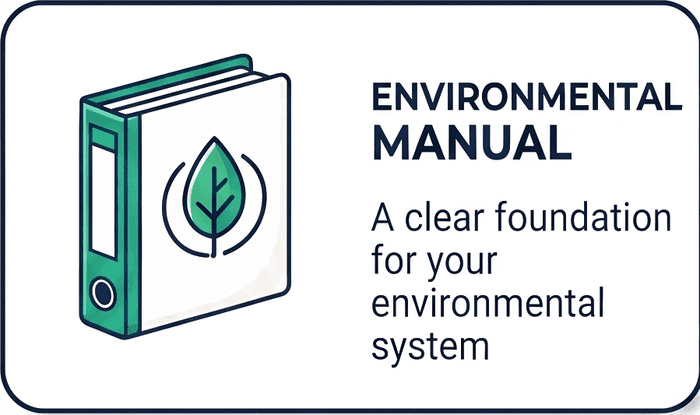 Green ring binder with a leaf emblem on the cover, captioned: Environmental Manual — a clear foundation for your environmental system.
