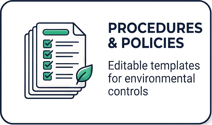 Stack of documents with green ticked checklist lines and a leaf, captioned: Procedures & Policies — editable templates for environmental controls.