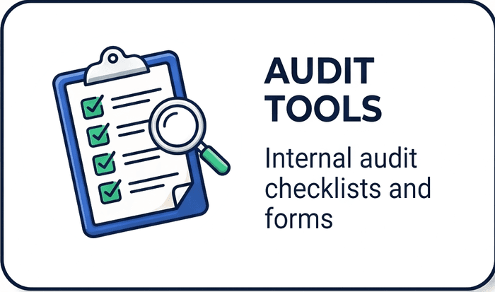 Blue clipboard holding a ticked checklist, with a magnifying glass, captioned: Audit Tools — internal audit checklists and forms.