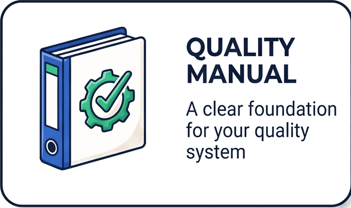 Blue ring binder with a green gear and tick on the cover, captioned: Quality Manual — a clear foundation for your quality system.