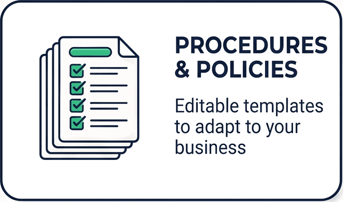 Stack of documents with green ticked checklist lines, captioned: Procedures & Policies — editable templates to adapt to your business.